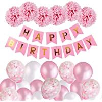 MMTX Decoración de Cumpleaños para Niña- Rosa Feliz Cumpleaños Conjunto de Pancartas de Feliz Cumpleaños con Globos…